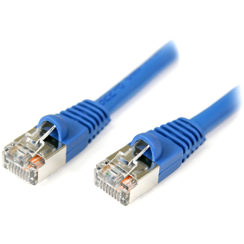 Close-up view of two blue Cat5e ethernet cable ends showing gold-plated RJ45 connectors with snagless boots