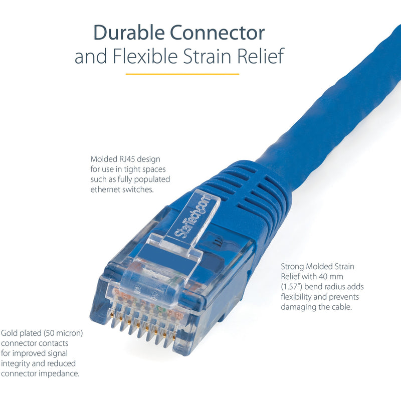 Detailed view of blue Cat6 connector showing molded strain relief and gold-plated contacts