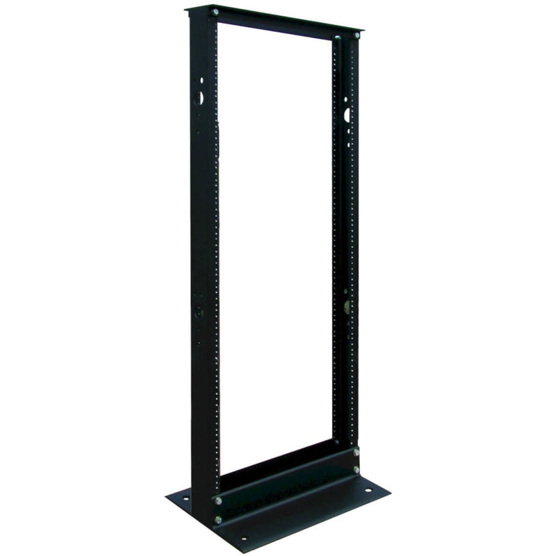 Tripp Lite SR2POST25 25U 2-post open frame rack showing full-length mounting rails and stable base plate