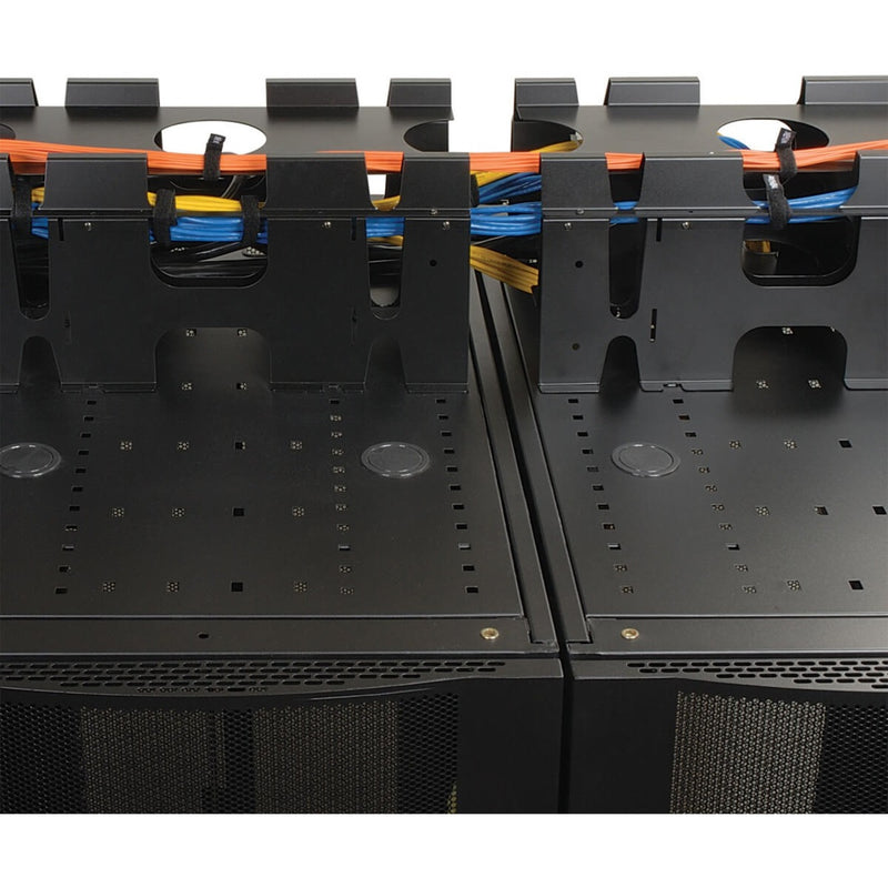 Tripp Lite SRCABLETRAY mounted across multiple SmartRack enclosures showing organized orange, blue, and yellow network cables