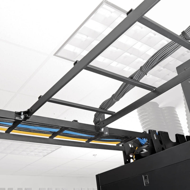 Installed overhead cable ladder system showing organized cable routing with power and data cable separation