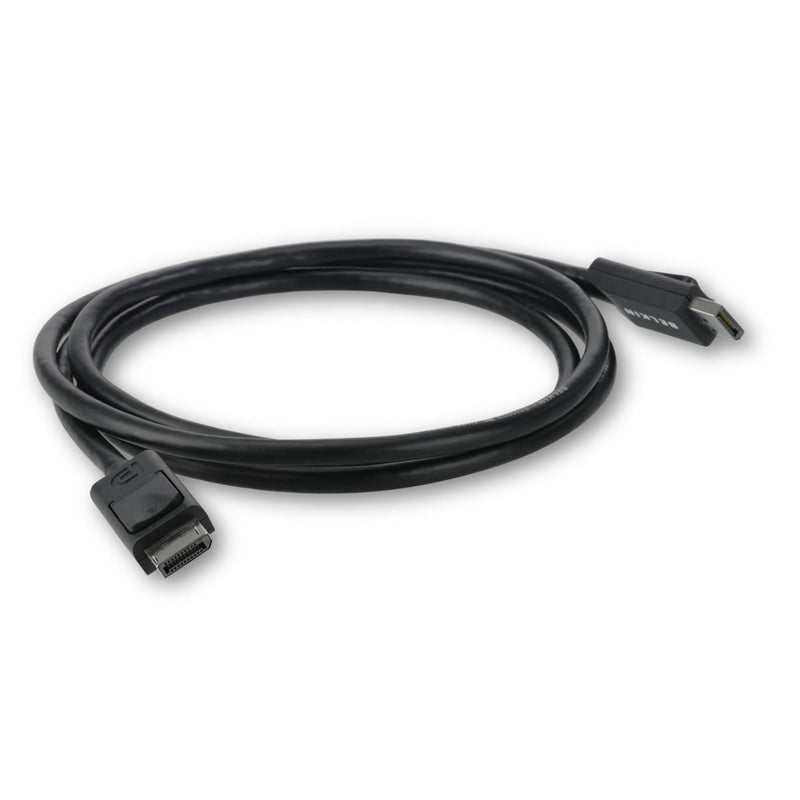 Belkin 3-foot black DisplayPort cable with male connectors on both ends, coiled in circular shape against white background