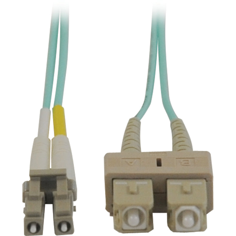 Tripp Lite N816-02M fiber optic patch cable showing SC and LC connectors with aqua blue cable jacket