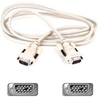 White 10-foot Belkin VGA cable with HD-15 male connectors on both ends and connector pin diagram