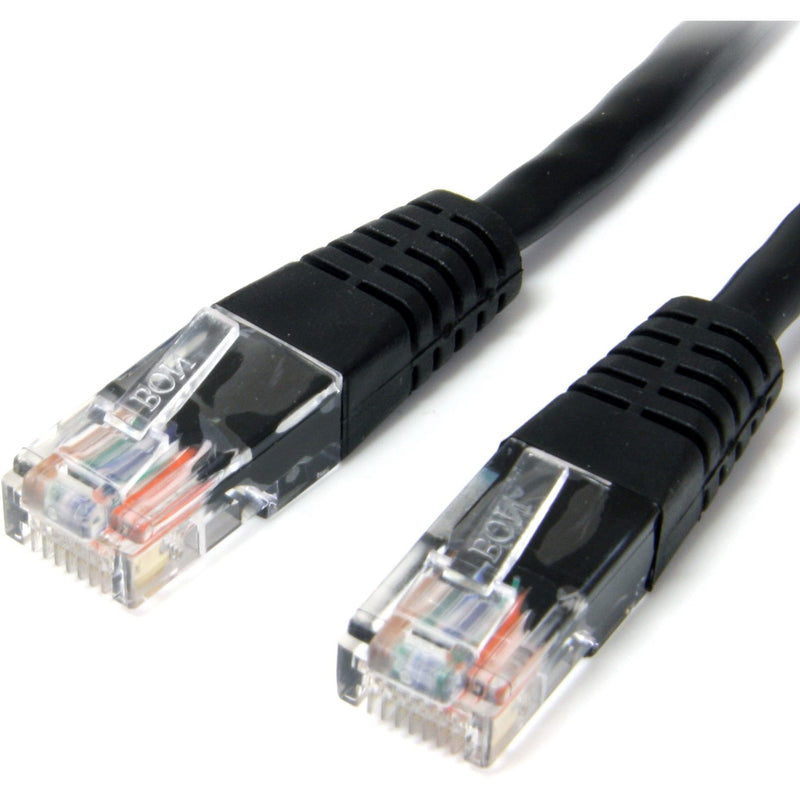 Close-up view of two gold-plated RJ45 connectors on StarTech.com Cat5e black patch cable showing transparent housing and strain relief design