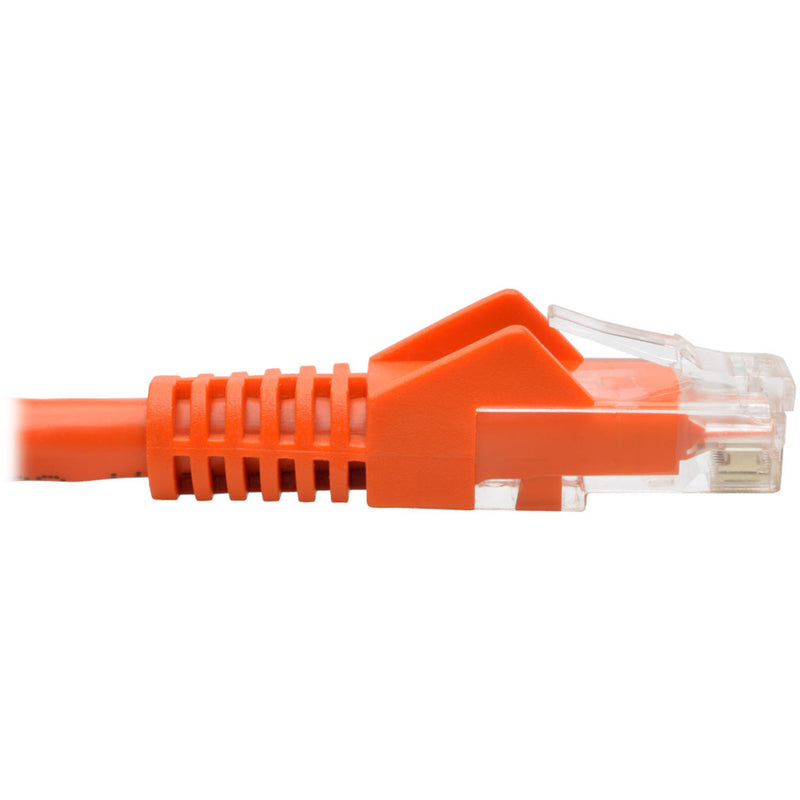 Close-up detail of orange Cat6 cable strain relief boot design