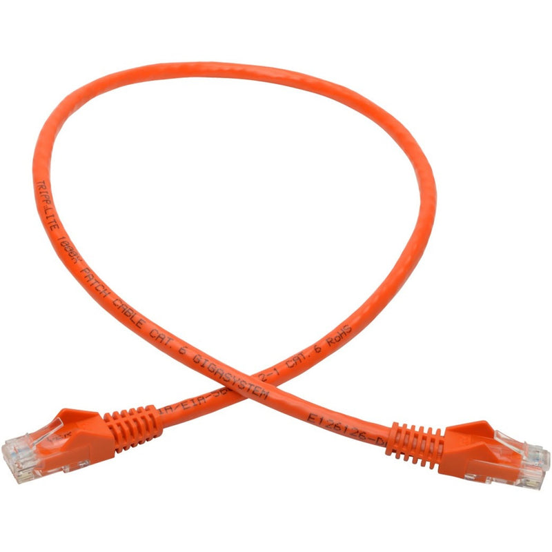 Full length view of 2-foot orange Cat6 network patch cable with RJ45 connectors