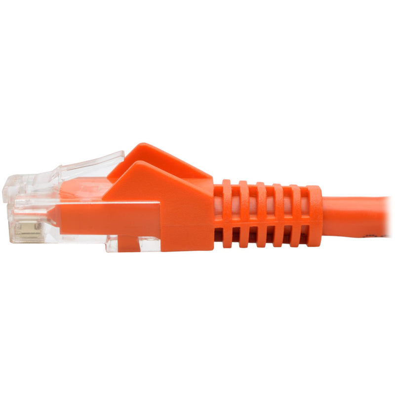 Side view of orange Cat6 cable connector showing snagless boot design