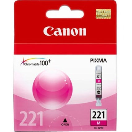 Canon CLI-221 Magenta ink cartridge in retail packaging showing ChromaLife100+ technology and compatibility information-alternate-image1