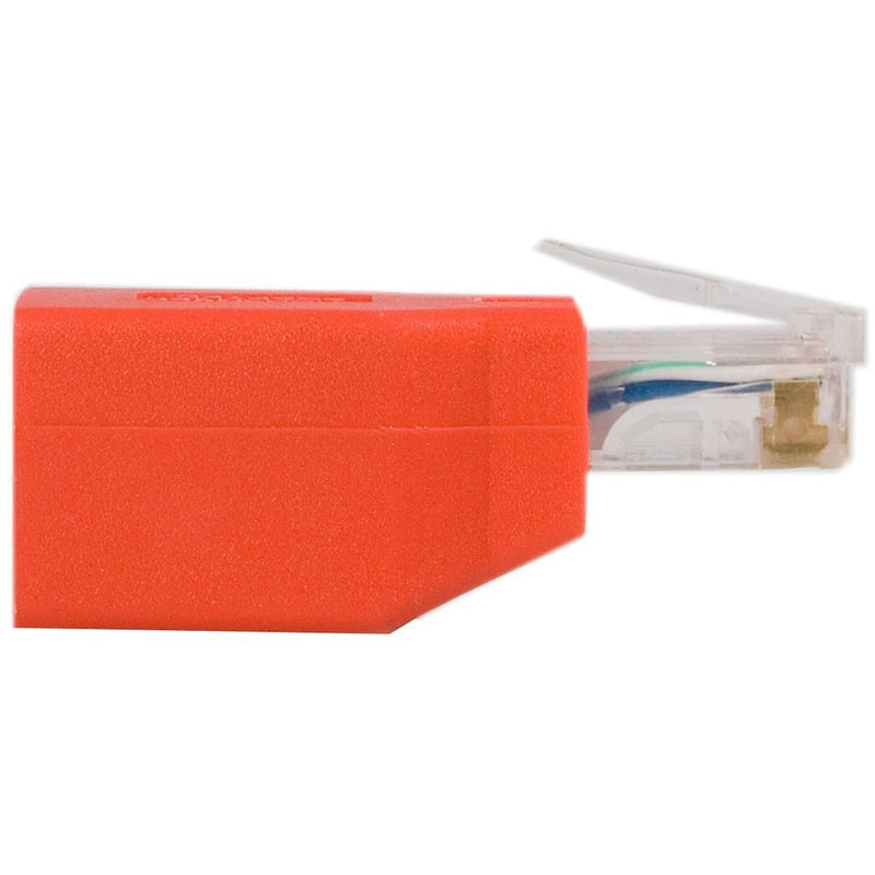 Side view of red Cat 6 crossover adapter showing sturdy construction