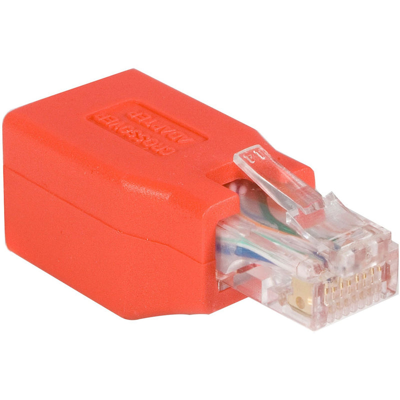 Red Cat 6 crossover adapter showing RJ-45 male connector and transparent housing