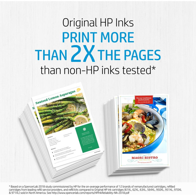 Comparison of print output showing HP inks printing twice as many pages