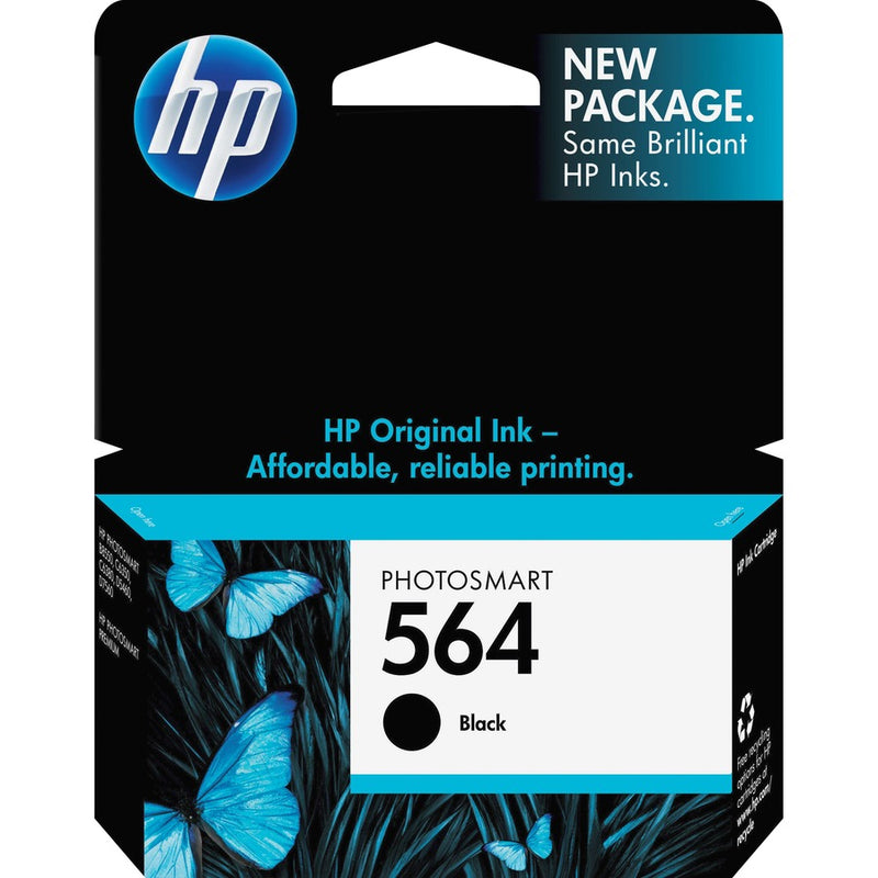 HP 564 black ink cartridge package with blue butterfly design and HP logo