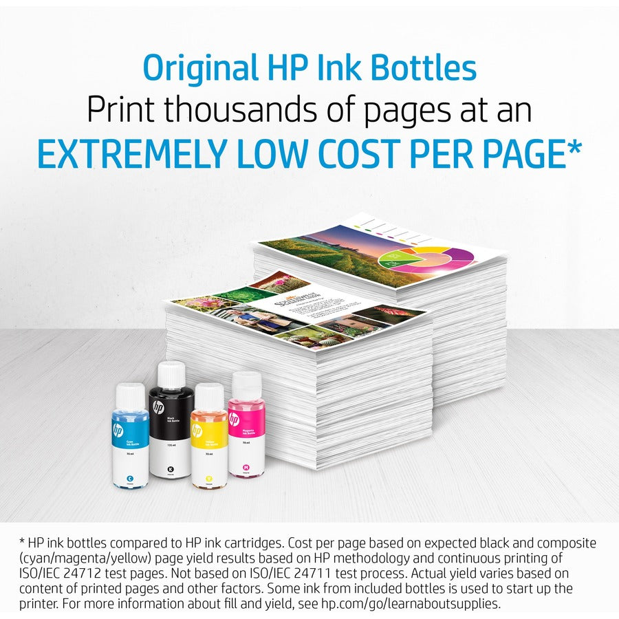 HP ink bottles with stack of printed pages showing cost efficiency-alternate-image9