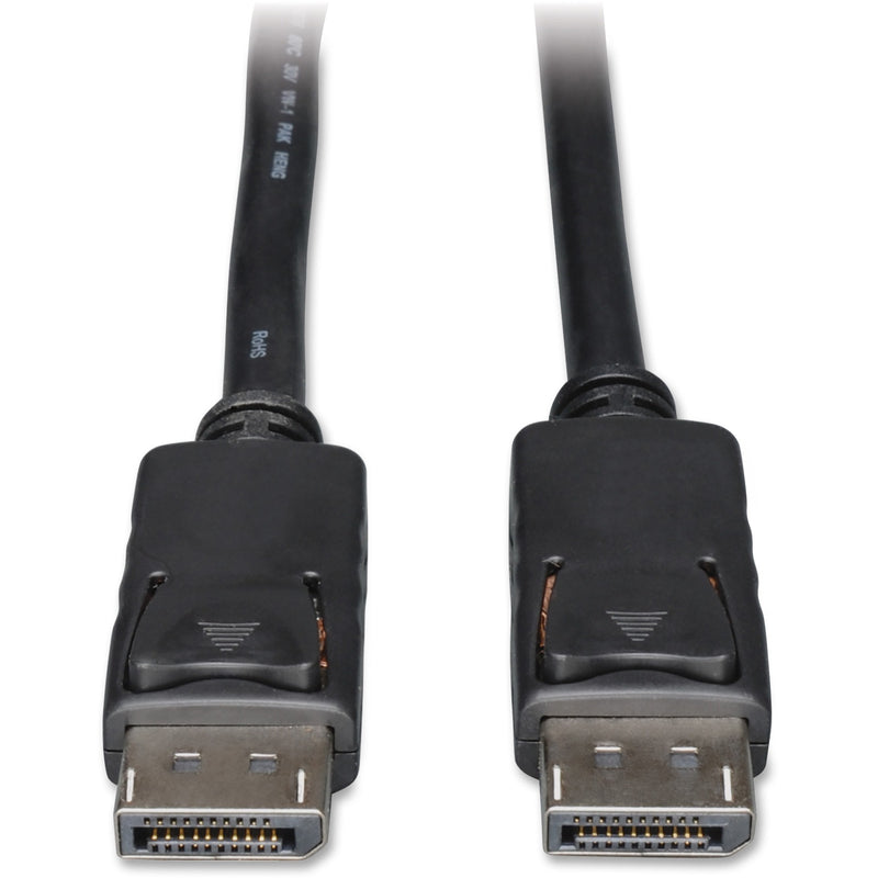 Close-up view of DisplayPort male connectors on Tripp Lite P580-006 cable showing gold-plated pins and latching mechanism