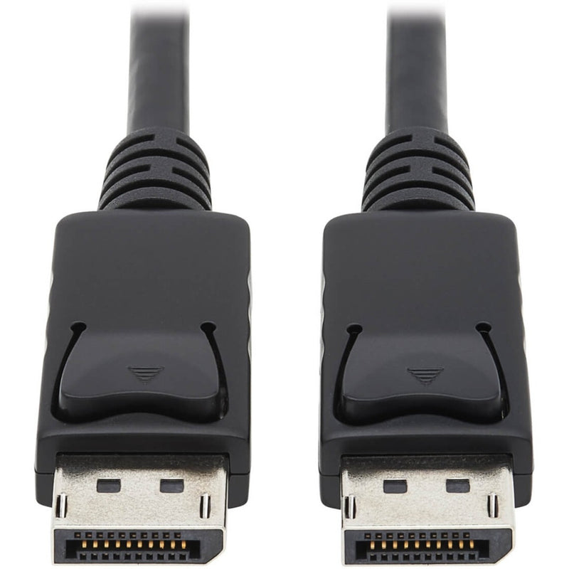 Close-up view of two DisplayPort male connectors with latching mechanisms and gold-plated contacts