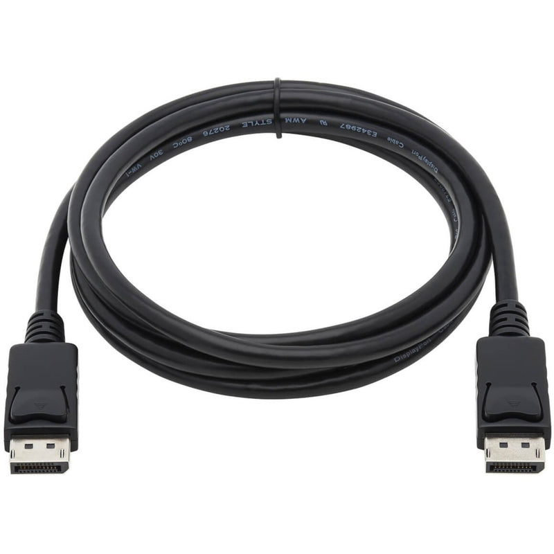 Full-length view of 10-foot black DisplayPort cable showing flexible design and connectors at both ends