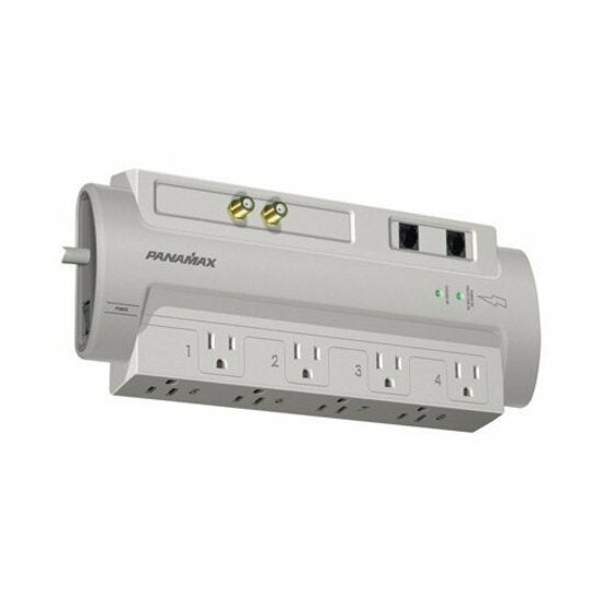 Panamax SP8-AV surge protector featuring 8 outlets, coaxial and telephone protection ports, in light gray housing with status indicators-alternate-image1