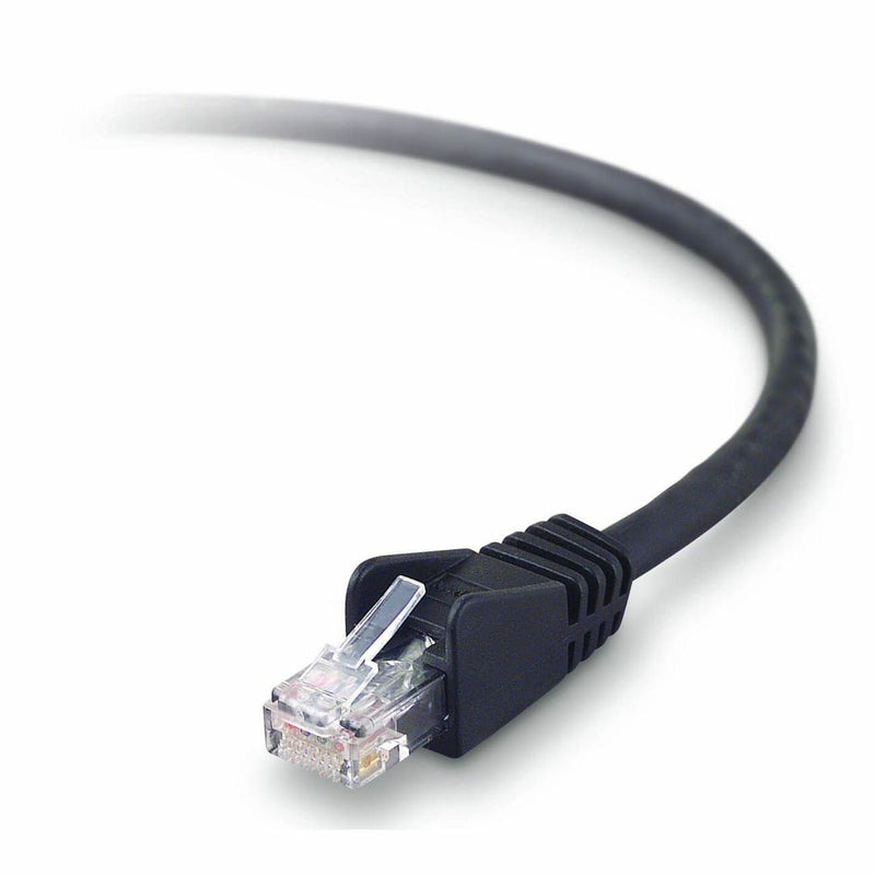 Close-up view of Belkin Cat6 network cable with snagless RJ45 connector and black jacket