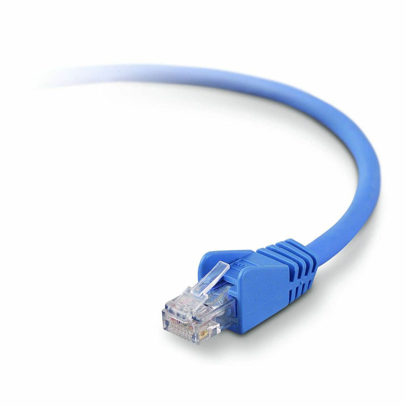 Blue Cat6 network cable with snagless RJ-45 connector showing clear connector tip and strain relief boot