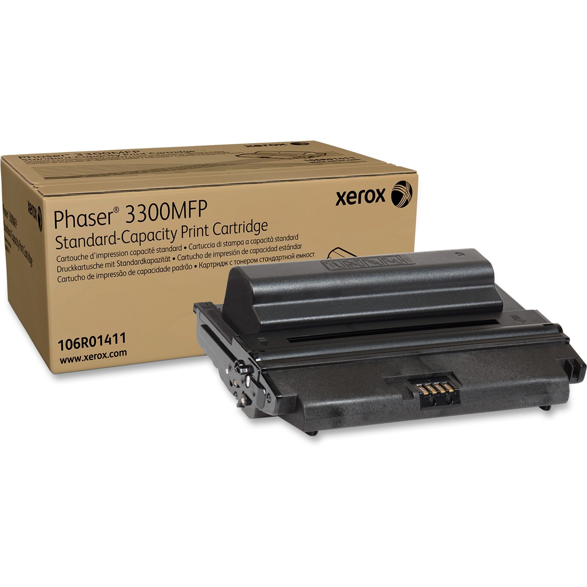 Xerox Phaser 3300MFP standard toner cartridge shown with its retail packaging box displaying product information and specifications-alternate-image1