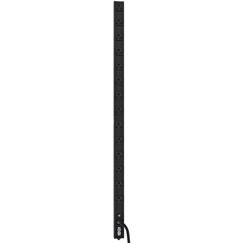 Vertical view of Tripp Lite PDUV20 PDU showing 14 evenly spaced NEMA outlets in black metal housing