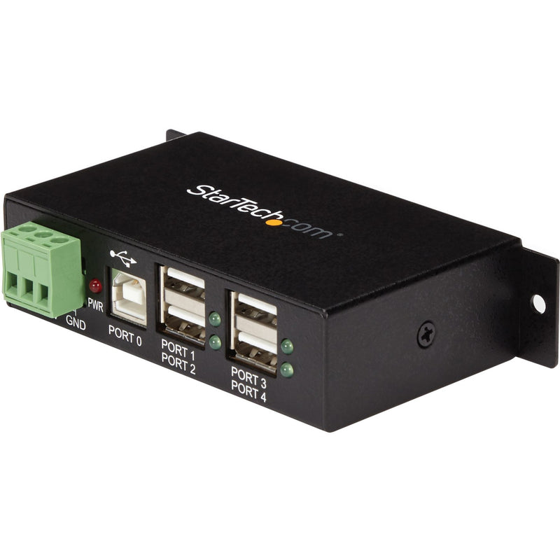 Front view of StarTech.com ST4200USBM 4-port industrial USB hub showing USB ports and power terminal block