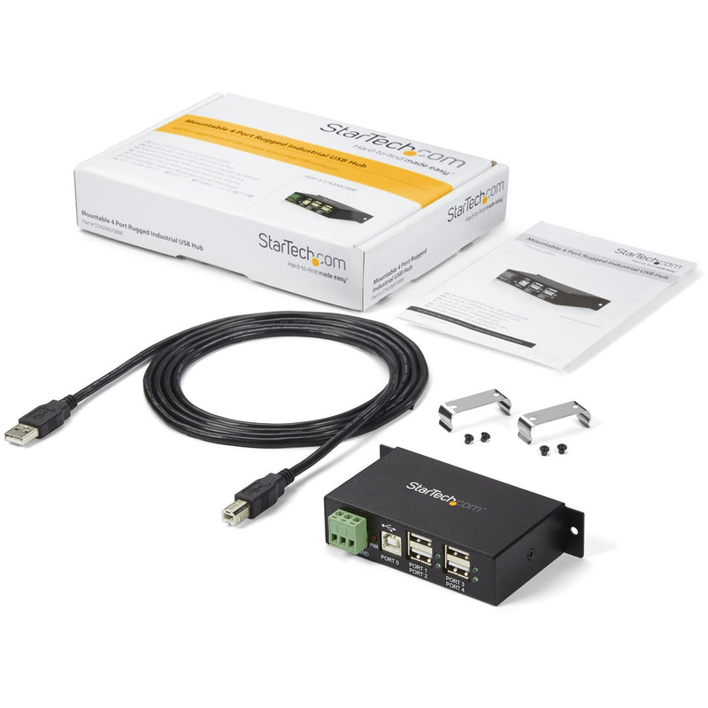 Complete package contents of the StarTech.com USB hub including cables and mounting hardware