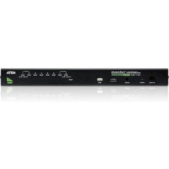 Angled view of ATEN CS1708A KVM switch displaying LED indicators and control interface