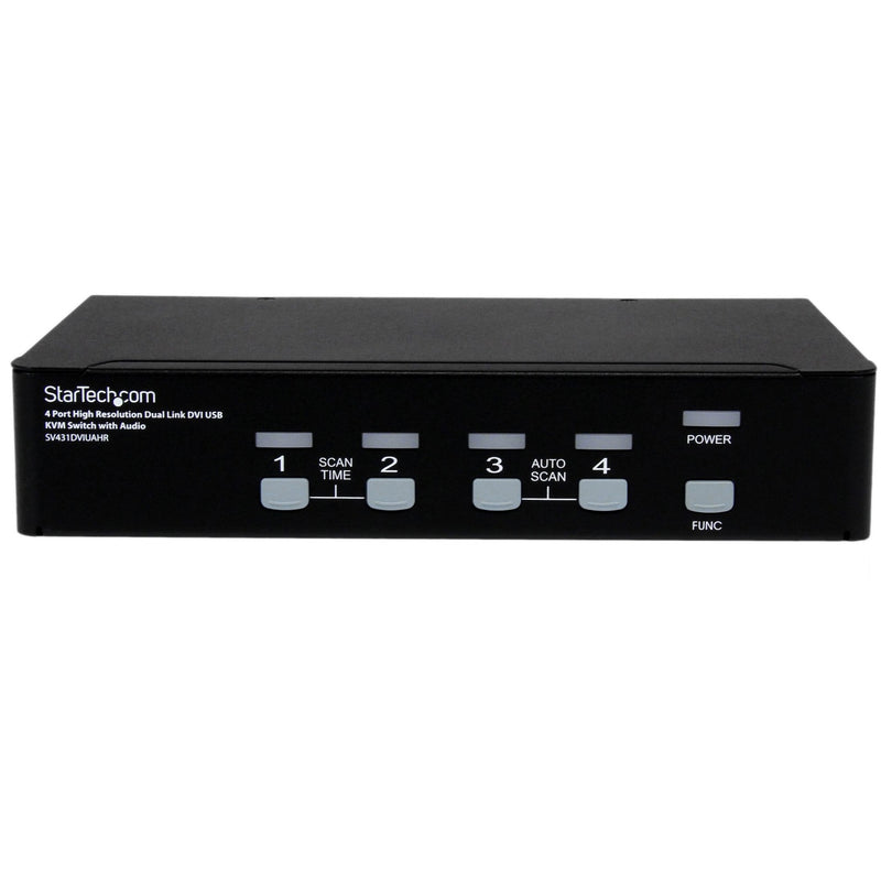 Front angled view of StarTech.com KVM switch showing sleek black design and control interface