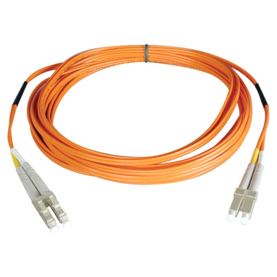 Tripp Lite N520-04M orange multimode duplex fiber optic patch cable with LC connectors, coiled view showing full 13.1-foot length