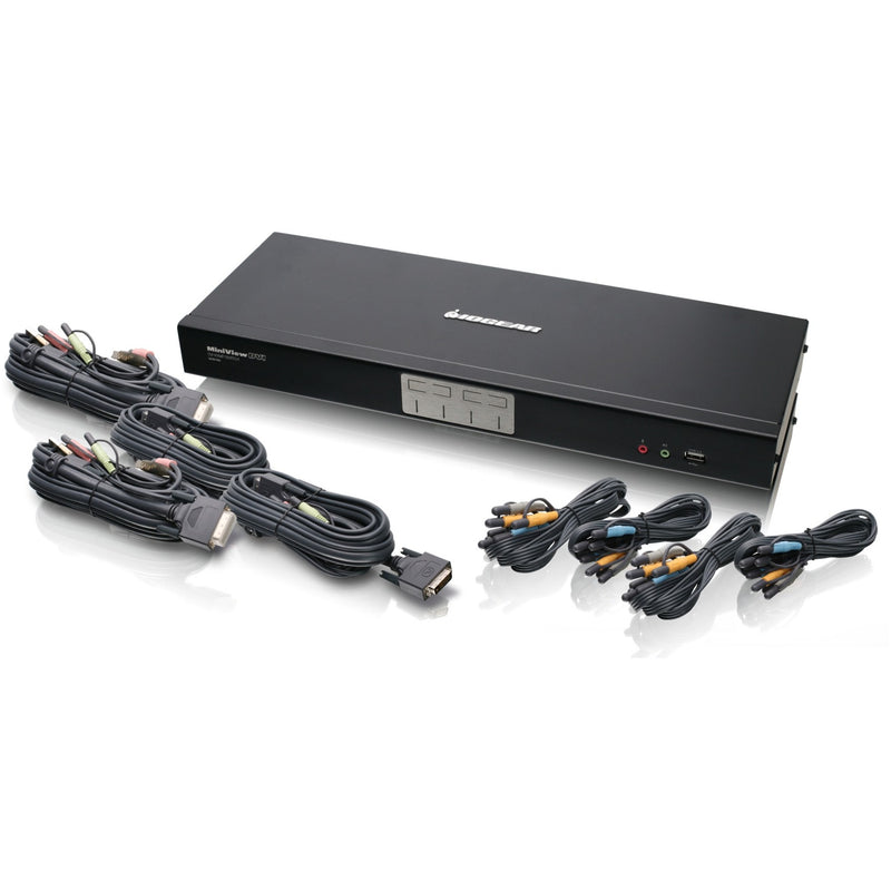 IOGEAR GCS1784 4-Port KVM Switch with included cables and accessories laid out