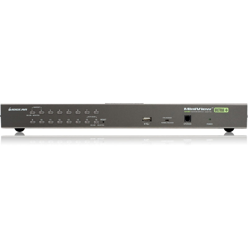 Direct front view of IOGEAR GCS1716 KVM switch showing all port controls and USB interface