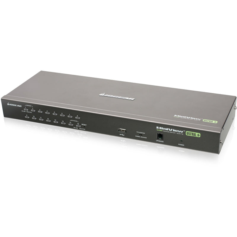 Front angled view of IOGEAR GCS1716 16-port KVM switch showing port selection buttons and status indicators