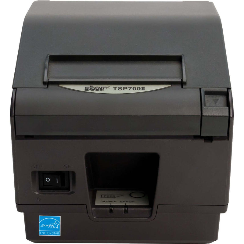 Front view of Star Micronics TSP700II thermal printer in gray showing clamshell design, power switch, and Energy Star certification