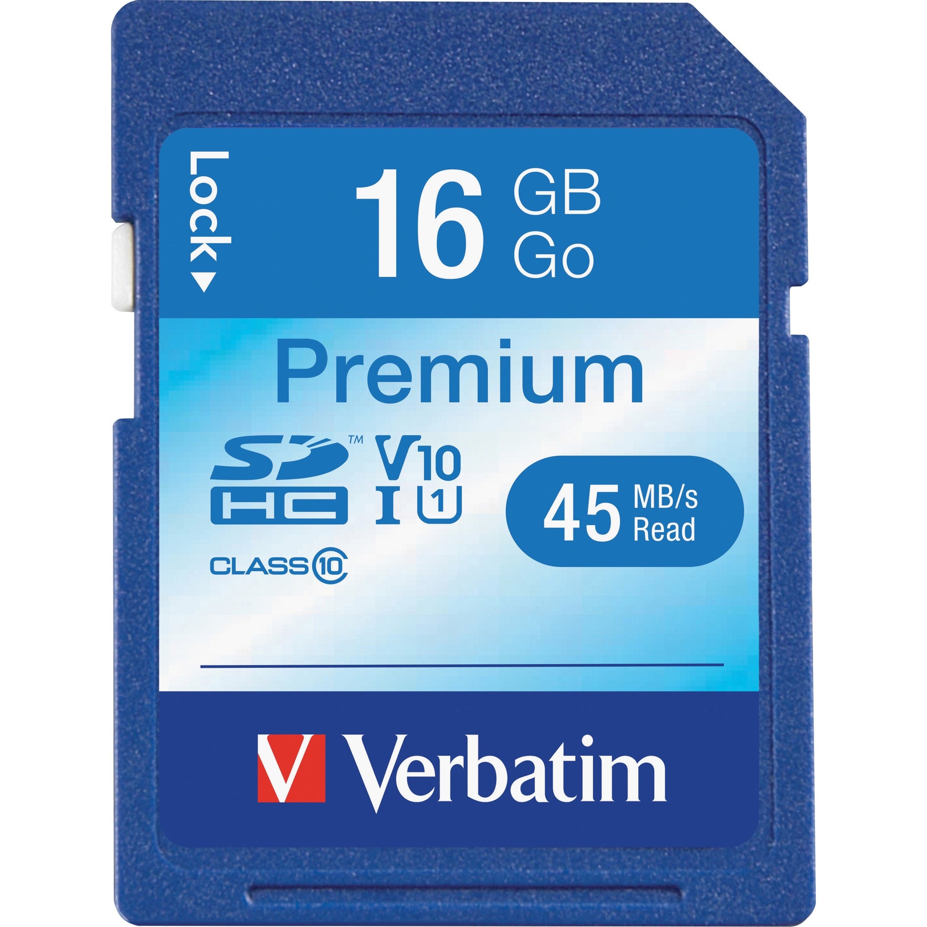 Verbatim Premium 16GB SDHC memory card showing Class 10 UHS-I specifications and 45MB/s read speed-alternate-image1