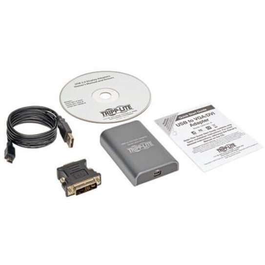 Complete package contents of Tripp Lite USB to DVI/VGA adapter including cables and accessories