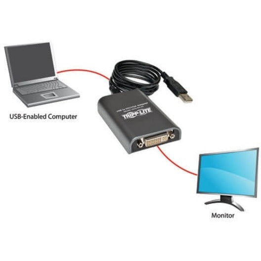 Diagram showing laptop to monitor connection using Tripp Lite USB adapter