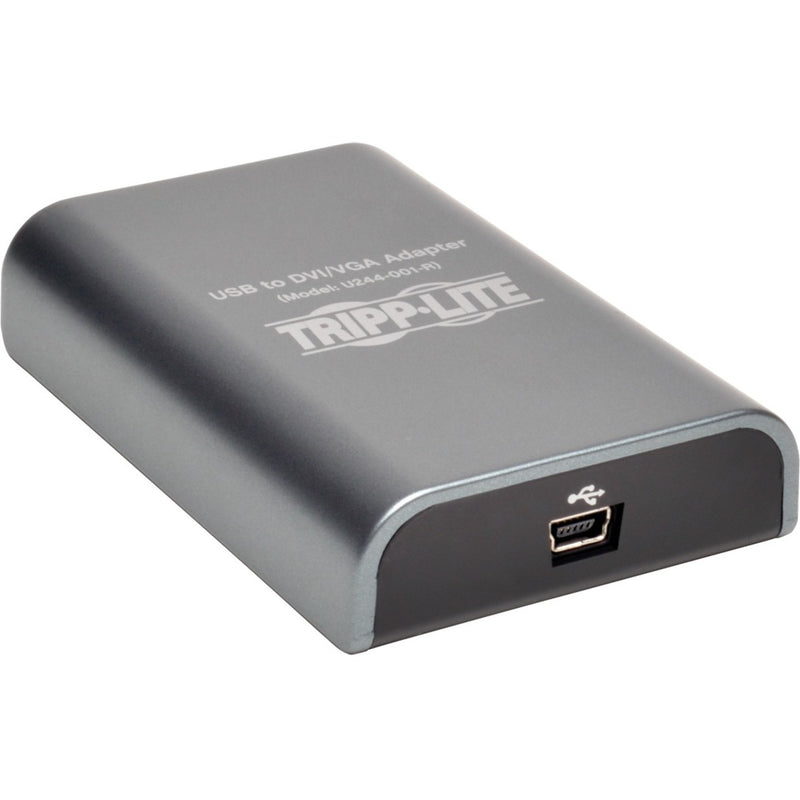 Angled view of Tripp Lite USB to DVI/VGA adapter showing sleek design