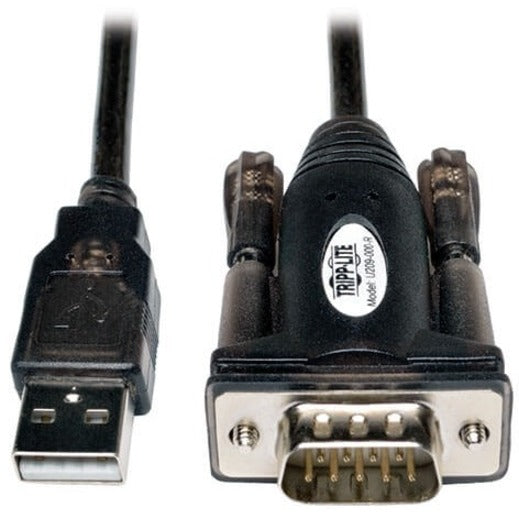 Side angle view of Tripp Lite U209-000-R adapter showing connector construction and strain relief