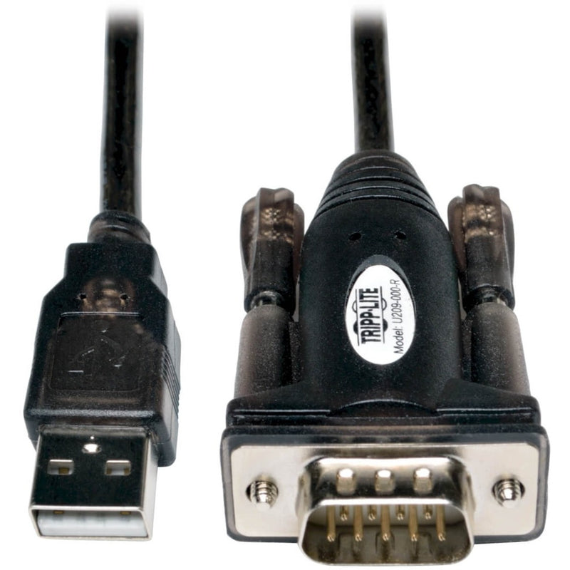 Close-up view of Tripp Lite U209-000-R USB to DB9 serial adapter showing USB Type-A connector and DB9 male port