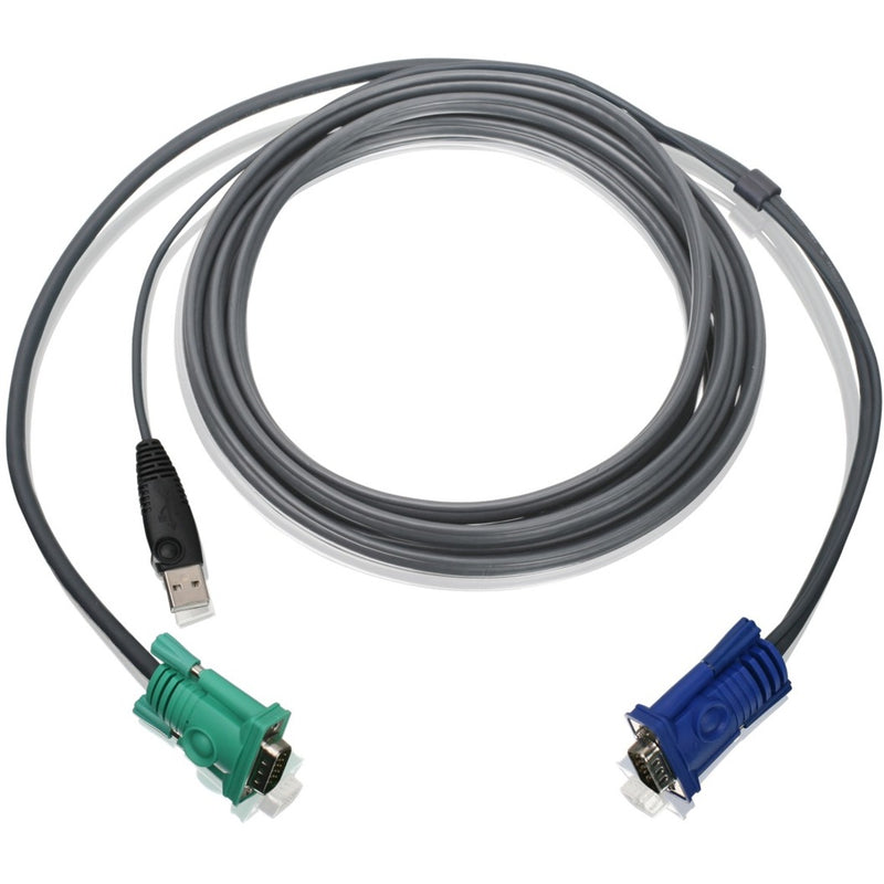 IOGEAR 10-foot KVM cable with USB and HD-15 connectors in dark gray featuring green and blue color-coded ends