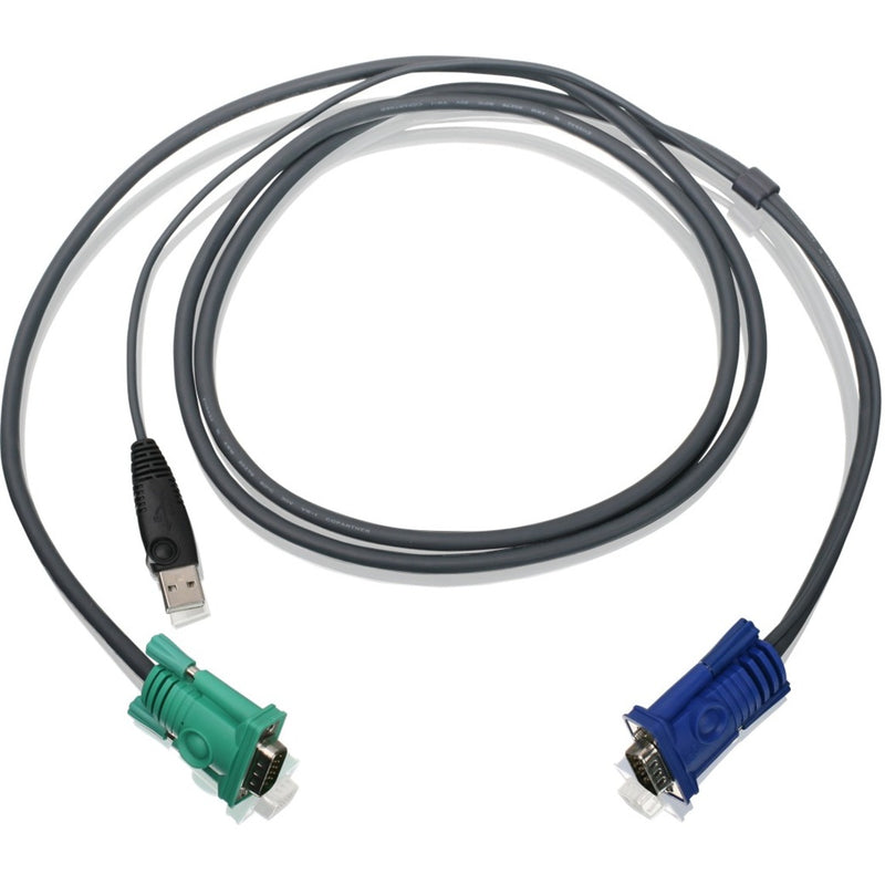 IOGEAR USB KVM cable with green and blue HD-15 connectors and black USB Type-A connector, shown coiled against white background