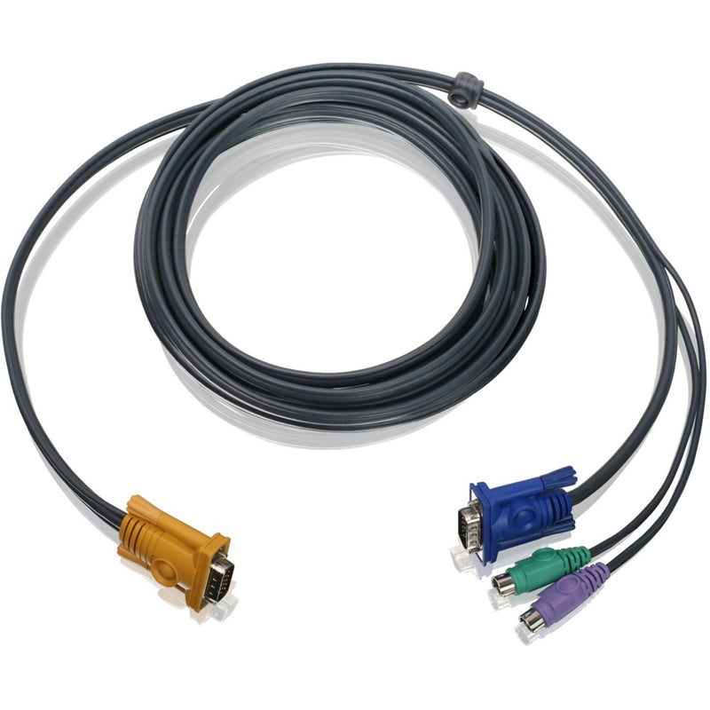 IOGEAR 10ft PS/2 KVM cable with color-coded HD-15 and mini-DIN connectors for keyboard, video, and mouse connections