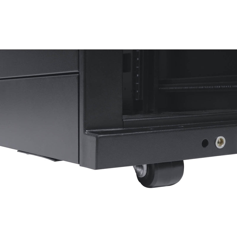 Close-up view of Tripp Lite SRCASTER heavy-duty caster mounted on black rack enclosure base