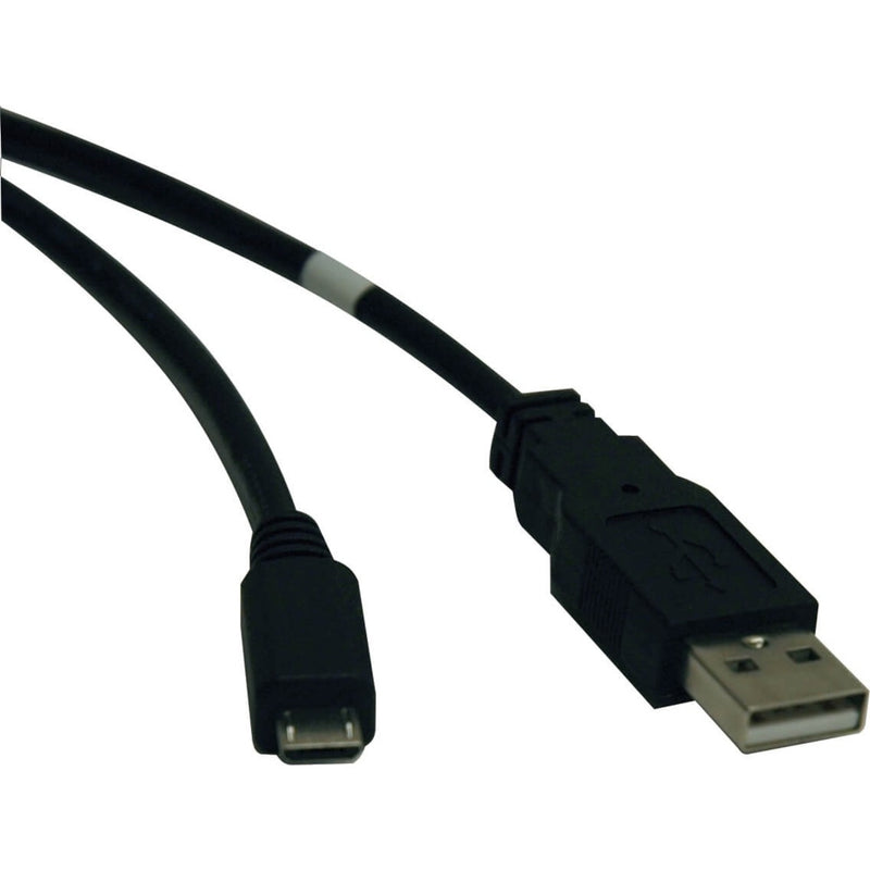 Black USB to Micro-USB cable showing USB-A connector on one end and Micro-USB connector on the other end against white background