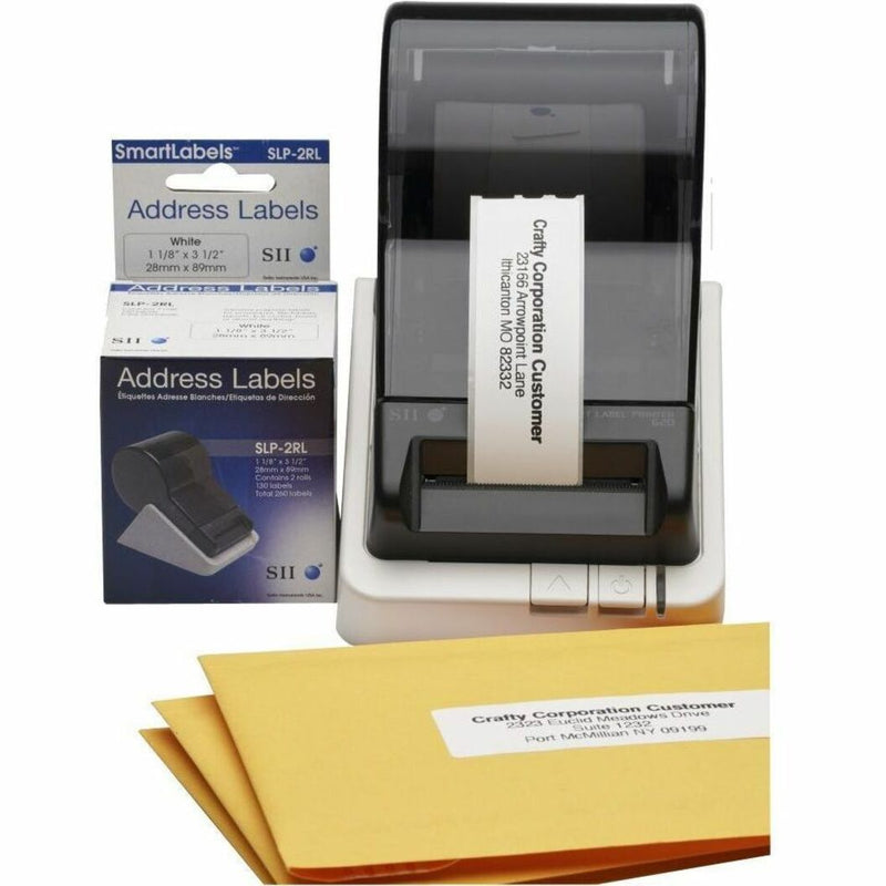 Seiko SLP-2RL SmartLabel printer with label roll package and printed envelope demonstration