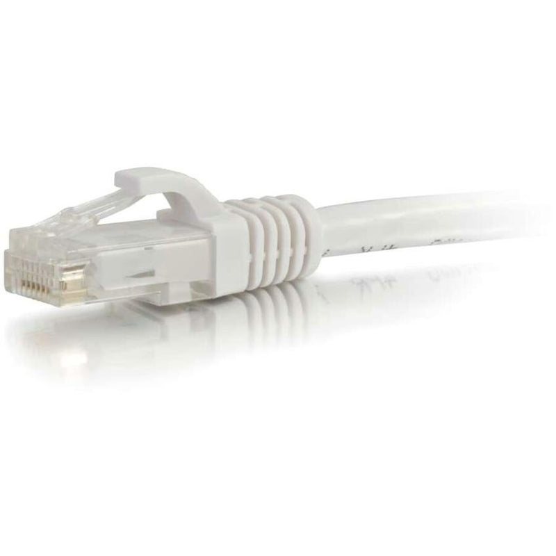 Close-up view of white Cat6 cable RJ-45 connector with snagless boot and strain relief design