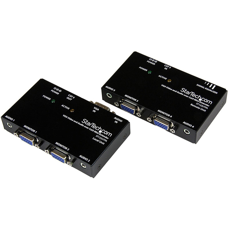 StarTech.com VGA video extender showing local and remote units with multiple monitor ports and status indicators