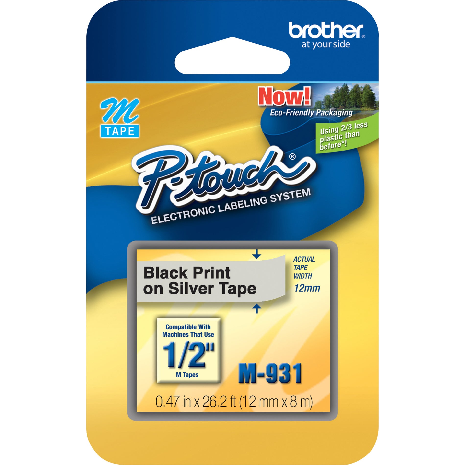 Brother M931 P-touch Nonlaminated Label Tape, 1/2" Size, Black/Silver